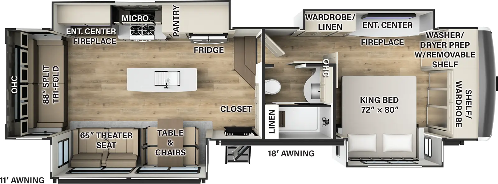The 380RL has four slideouts and one entry. Exterior features an 11 foot awning and an 18 foot awning. Interior layout front to back: front wardrobe/shelf, washer/dryer prep with removeable shelf, door side king bed slideout, and off-door side slideout with entertainment center, fireplace, and wardrobe/linen closet door side full bathroom with linen closet; steps down to main living area; off-door side slideout with refrigerator, pantry, cooktop, microwave, and entertainment center with fireplace; kitchen island with sink; door side closet along inner wall, entry door, and slideout with table and chairs, and theater seat; rear split tri-fold sofa with overhead cabinet.